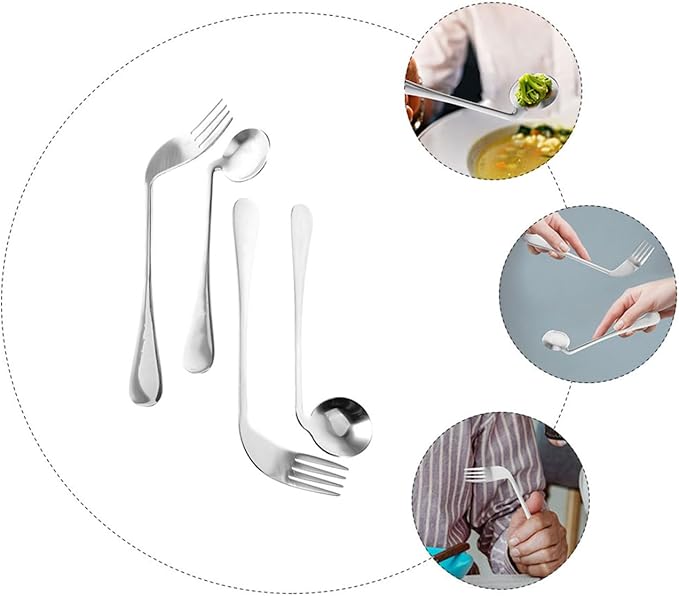 DOITOOL 4 Pcs Curved Feeding Utensils Set Angled Spoon and Fork Adaptive Tableware for Elderly Disabled Self-Feeding Non-Slip Grip Aids for Meal Assistance