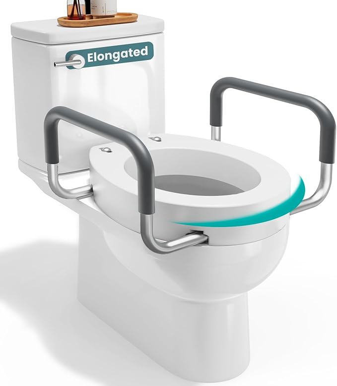 PELEGON Raised Toilet Seat With Handles (300lb) Toilet Seat Risers for Seniors, Raised Toilet Seat for Handicap Toilet Seat For Elderly & Disabled - Elongated Seat