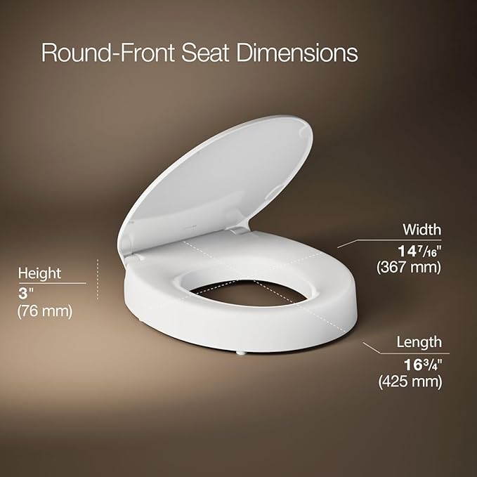 KOHLER 25876-0 Hyten 3" Height, Elevated Soft Close Round Toilet Seat, Contoured Seat with Grip-Tight Bumpers, Quick-Attach Hardware, White (Pack of 2)