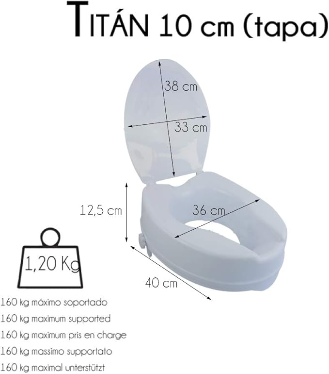 Mobiclinic®, Raised toilet seat, With toilet lid, 4 inches, Adaptable to oval toilets, Lateral fixation system, Elevated Toilet Seat for Adults, Spanish brand, model Titán, Color White