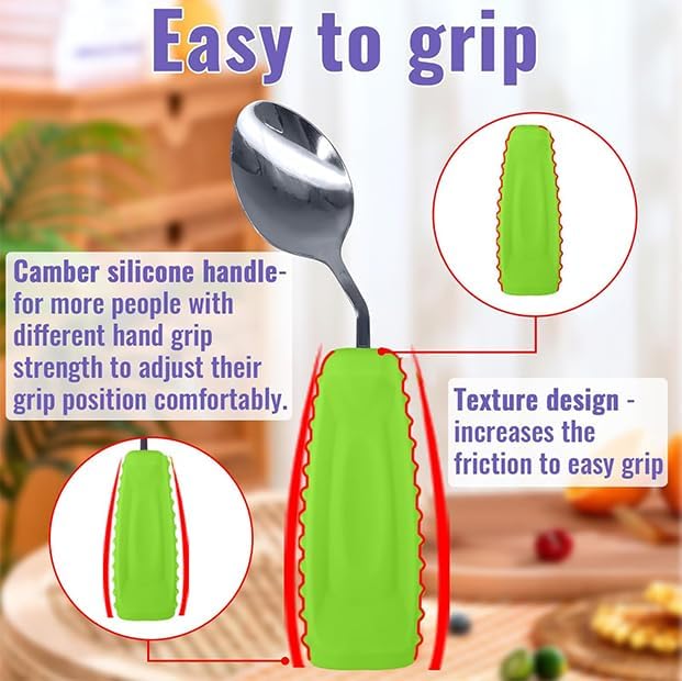 Adaptive Utensils Angled Spoon and Fork for Hand Tremors Parkinsons,Weighted Utensils with Non-Slip Easy Grip Handles for Independent Eating (1pcs Spoon+1pcs Fork=2 pcs,Green,Right Hand)