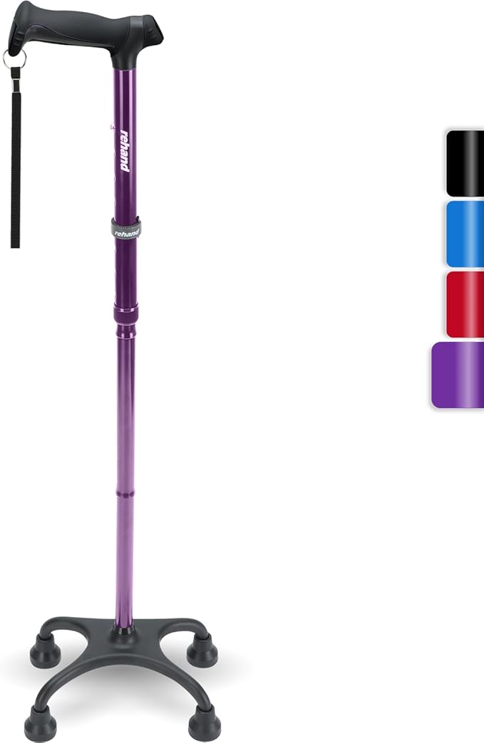 Rehand Quad Cane, Walking Cane with Ergonomic Handle Ever and Graceful 4-Pronged Base for Extra Stability, Adjustable Walking Sticks for Right or Left Handed Men & Women and Seniors