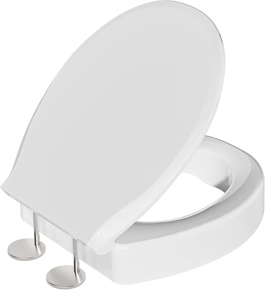 SAMODRA Raised Toilet Seat Riser Round, White, 3 Inch High Elevated Toilet Seat for Seniors, Soft Close, Easy Install & Clean (Round)