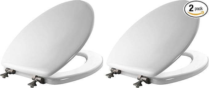 MAYFAIR 1844BNA 000 Toilet Seat with Brushed Nickel Hinges will Never Come Loose, ELONGATE, White - Brushed Nickel (Pack of 2)