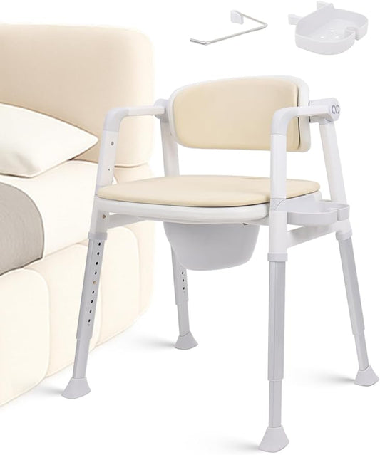 3-in-1 Bedside Commode Shower Chair with Liftable Arm Anti-Splash Bucket Extra-Wide Padded Adjustable Raised Toilet Seat for Seniors up to 300 lbs. Potty Chair for Toilet (Beige)