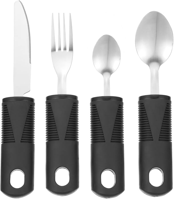 Adaptive Utensils 4-Piece Set - Weighted Utensils for Hand Tremors, Elderly, Stainless Steel Fork, Knife, Spoon Silverware Set