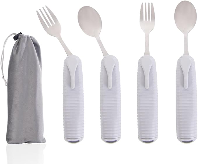 Pekokavo Adaptive Utensils Set, Angle Adjustable Arthritis Aid Silverware for Parkinsons, Hand Tremors, with Non-Slip Easy Grip Handle (4 Count (2 Spoon + 2 Fork))