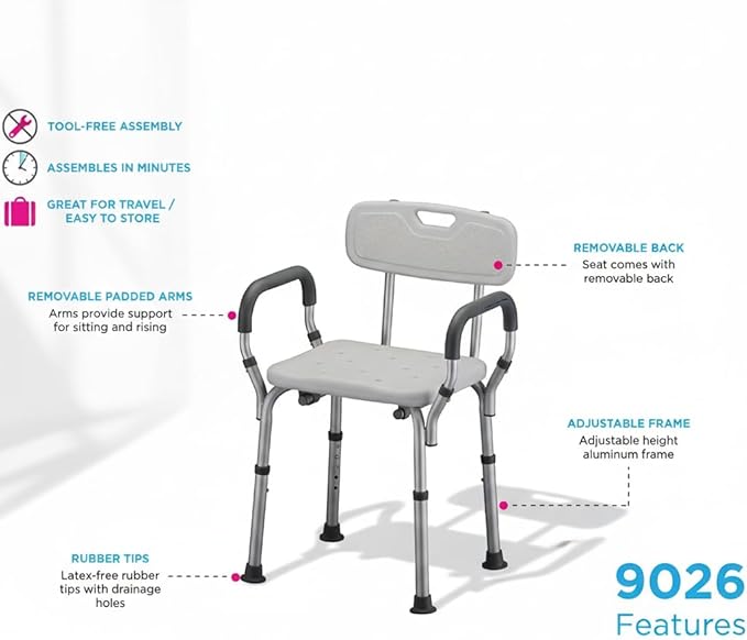 NOVA Bath & Shower Seat with Padded/Removable Arms & Back - for Seniors, Handicap & Medical Use, Adjustable Height, Aluminum Frame, Non-Skid Safety, Tool-Free Assembly, 300lb Weight Capacity