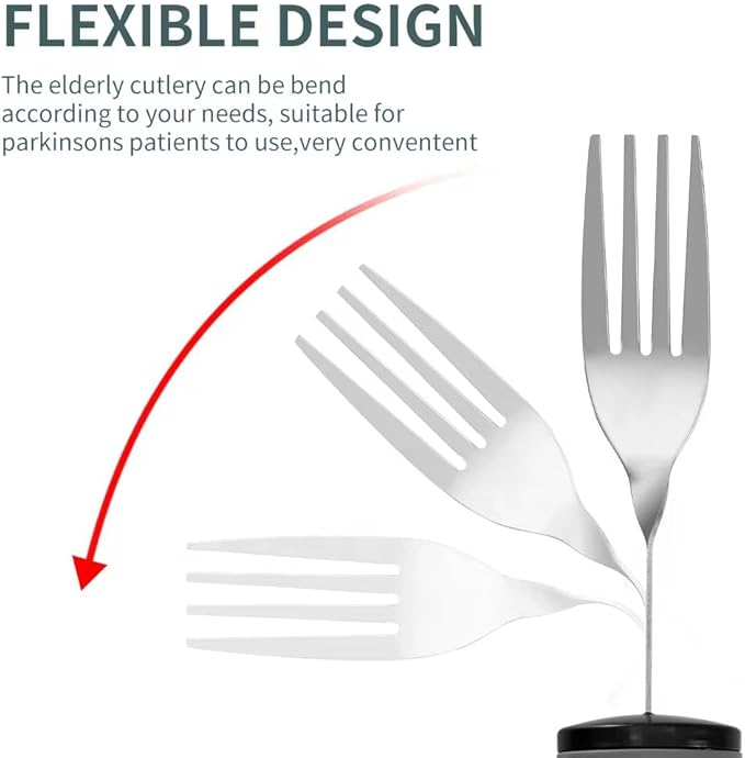 Adaptive Utensils for Elderly, Easy Grip Non-Slip Cutlery Set for Disabled Adults, 6-Piece Stainless Steel Includes Vertical Knife, Standard Knife, Flexible Fork & Spoons, Grip handle