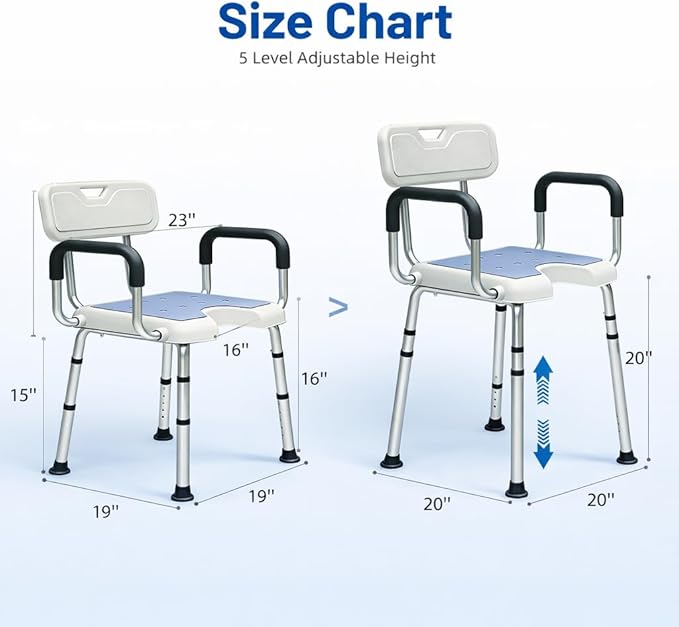 Shower Chair for Inside Shower with Arms and Back HSA/FSA Eligible, 400lbs Capacity Height Adjustable U-Shaped Seat for Seniors Elderly Easy Bathing, 4-in-1 Tool-Free Assembly