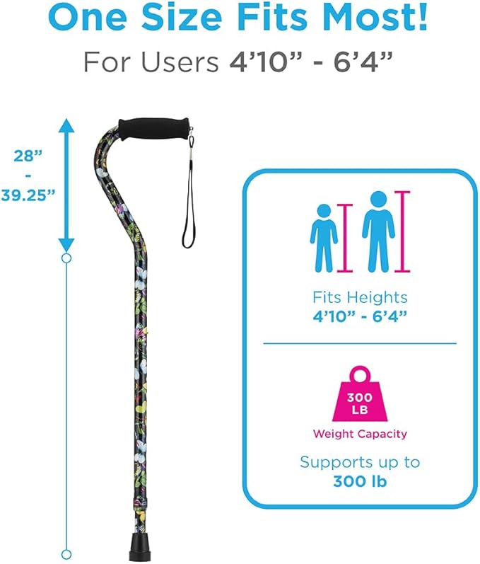 NOVA Offset Walking Cane for Seniors, Men & Women – Lightweight Adjustable Walking Cane with Soft Foam Grip, Wrist Strap, Anti-Rattle Lock & Non-Slip Tip – Stylish Mobility Aid