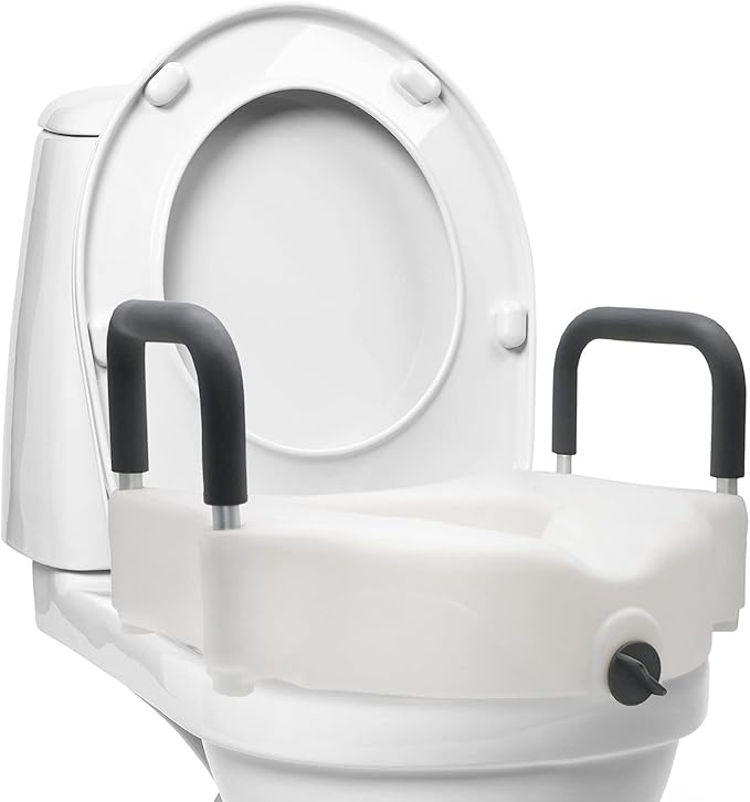 DMI Raised Locking Toilet Seat with Padded Armrests, 350 lb Weight Capacity, 5-Inch Seat Riser for Elderly, Disabled & Post-Surgery Recovery, Fits Most Standard Toilets, White