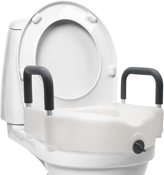 DMI Raised Locking Toilet Seat with Padded Armrests, 350 lb Weight Capacity, 5-Inch Seat Riser for Elderly, Disabled & Post-Surgery Recovery, Fits Most Standard Toilets, White