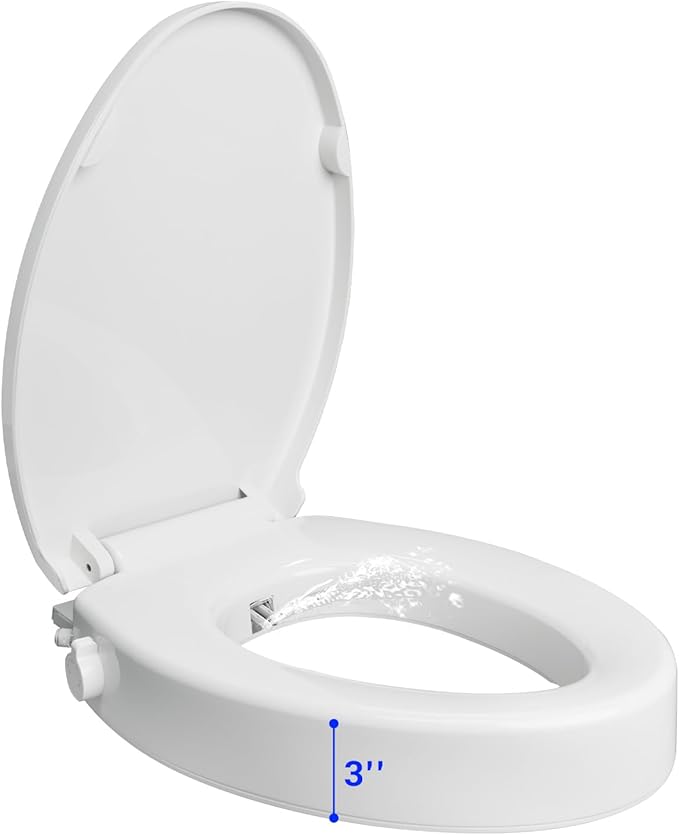 Raised Toilet Seat with Bidet for Seniors, 3" Height, Heavy Duty Slow Close Elevated Toilet Seat with Never Loosen Hinges, Fits Most Elongated Toilets, No Electric Cold Water Only (White 18.5")