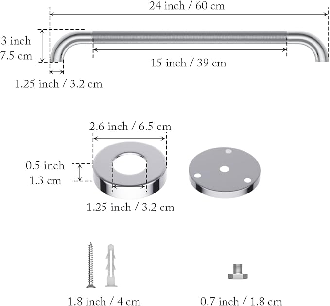 24 Inch Anti Slip Shower Grab Bar 1.25" Diameter, YuanDe 2 Pack Stainless Steel Bath Grab Bar, Knurled Bathroom Safety Rail, Shower Handrail Support, Handicap Elderly Injury Balance Assist Handles
