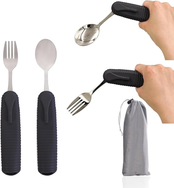 Adaptive Utensils Spoons Forks Set,Open Handle Design Provides Several Positions for Arthritis, Disabled People, Elderly (2 Sets))