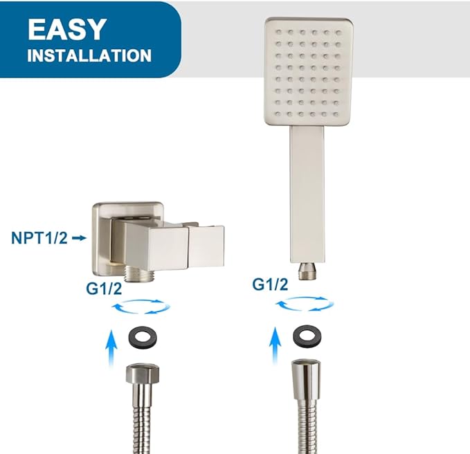 POP SANITARYWARE All Metal Handheld Shower Head Brushed Nickel Luxury High Pressure Showerhead Kit with Wall Connector and Hose Set, for Bathroom Showering System Contemporary Square Style
