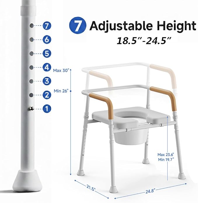 3-in-1 Bedside Commode for Seniors | 350 lbs Heavy Duty Iron Commode Chair with Padded Arms & Seat, Sturdy Toilet Safety Frame & Raised Toilet Seat, Height Adjustable, Bucket, Splash Guard