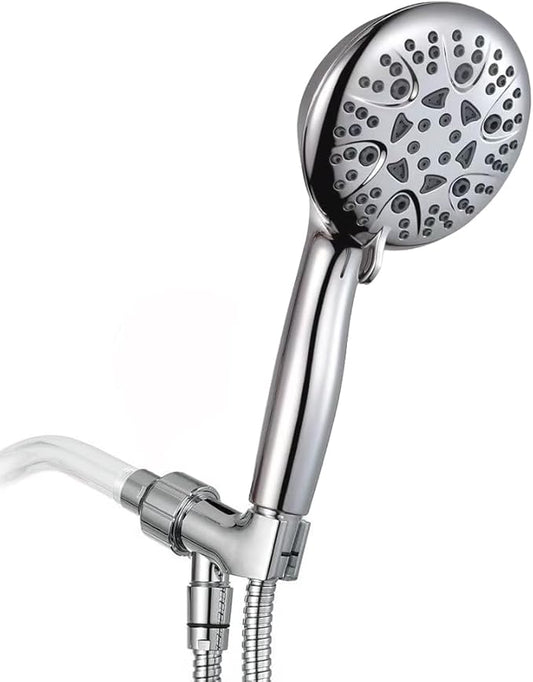 High Pressure 8-Mode Shower Head, Handheld Showerhead With 60" Hose And Adjustable Bracket, Anti-Clog Nozzles, Chrome, Silver