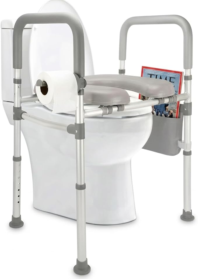 Toilet Riser Seat, Adjustable Height & Width, Aluminum Alloy Frame & Soft Leather Seat, Elderly Toilet Chair with Storage Shelf & Tissue Holder, Anti-Slip Feet, 330lbs Capacity for Seniors