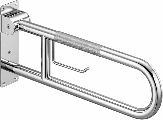23.6" Flip-Up Toilet Grab Bar with Paper Holder,304 Stainless Steel Bathroom Safety Rail, Anti-Slip Folding Handicap Grab Bar for Seniors, Elderly & Disabled, Wall Mounted Support Handrail