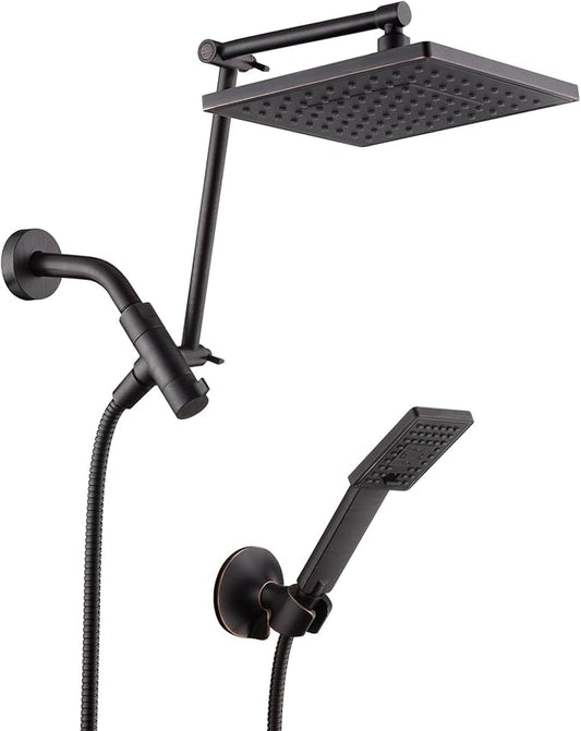 BRIGHT SHOWERS High Pressure Rain Shower Head Combo with Double Extension Arm, 8 Inch Rainfall Shower Head with Handheld Spray, Height Adjustable Dual Square Showerhead Set, Oil-Rubbed Bronze