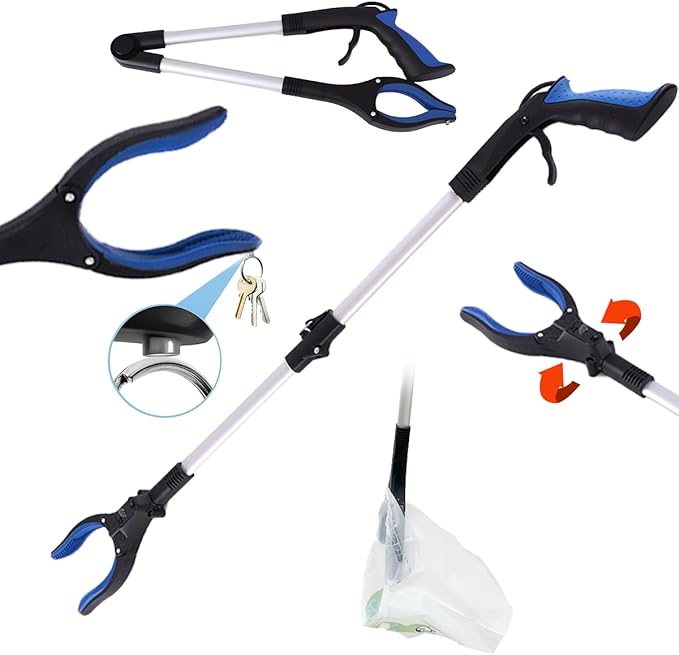 Grabber Reacher Tool, Foldable Pick Up Stick with LED Light for Night Dog Walking,Includes 360° Rotating Anti-Slip Jaw & Magnet, ldeal for Trash Pickup, Outdoor Pet Walking & Seniors Recovery, 32 lnch