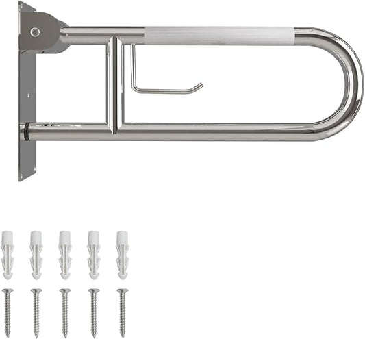 23 Inch Toilet Grab Bar, Flip Up Grab Bar with Paper Holder, Anti-Slip Safety Bars for Toilet, Stainless Steel Knurled Toilet Handles for Seniors Disabled Elderly Pregnant, Polished Chrome