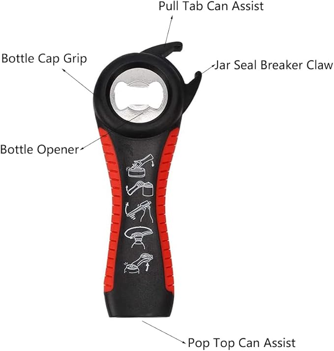 2 pack 5-in-1 Multi Function Plastic Grip Bottle Opener- Easily Opens Twist Caps, Bottle Caps, Canning Lids and Can Tabs (Black)