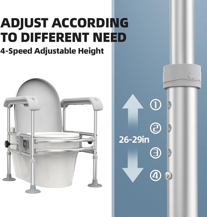 Toilet Safety Rail for Seniors with Sensor Light - Heavy Duty 300 Lbs, Universal Fit, Non-Slip Standing Aid, Included Storage Bag (Grey-Blue)