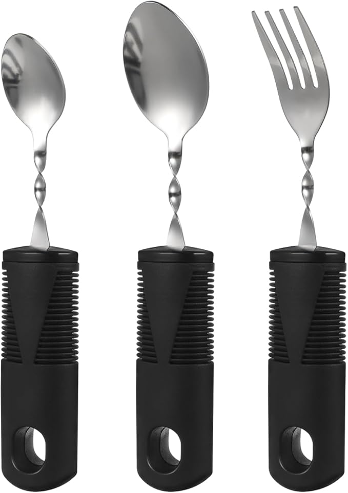 iplusmile 3Pcs Adaptive Utensils for Elderly - Bendable Silverware Set for Hand Tremors & Arthritis, Non-Slip Wide Handle Spoons and Fork for Seniors, Disabled, Limited Mobility Support