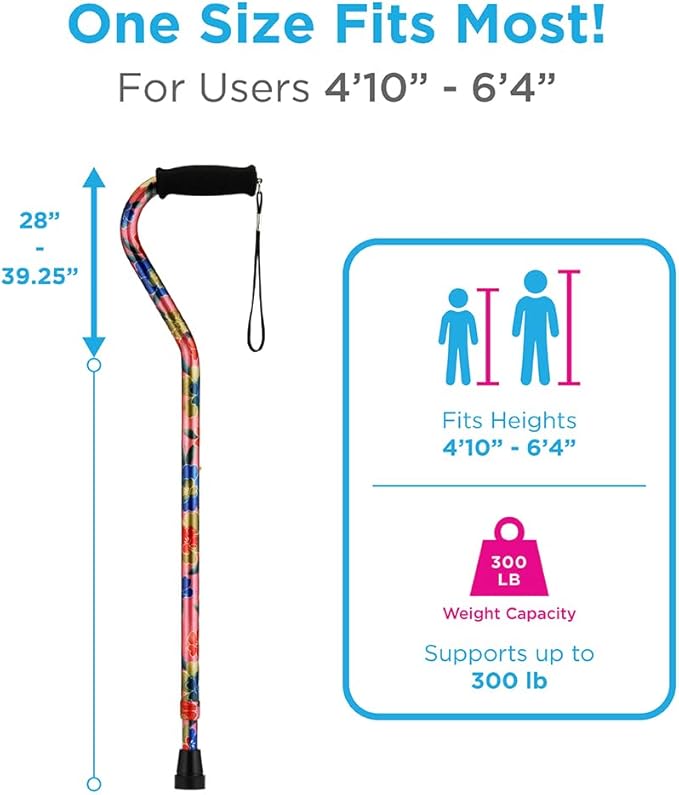 NOVA Offset Walking Cane for Seniors, Men & Women – Lightweight Adjustable Walking Cane with Soft Foam Grip, Wrist Strap, Anti-Rattle Lock & Non-Slip Tip – Stylish Mobility Aid