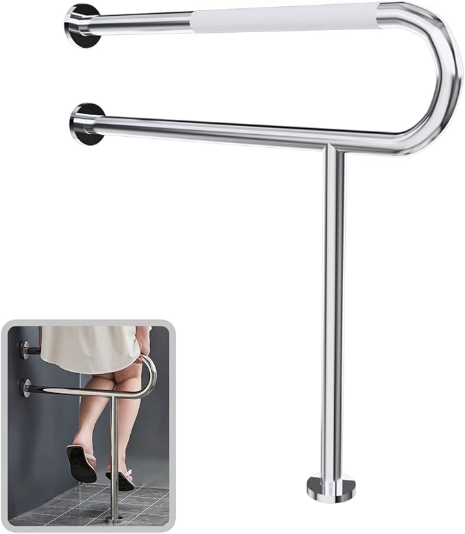 31.5" x 27.5" Floor to Wall Toilet Support Rail with Leg, Anti-Slip Brushed Nickel Handicap Grab Bar for Bathroom, Stainless Steel Knurled Safety Handrails, 1.25" Tube for Elderly, Disabled