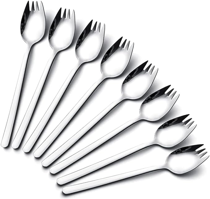 IQCWOOD Sporks Stainless Steel, Salad Forks, 8 Pack 18/10 Stainless Steel Spork, 7.4 Inches Long Handle Dessert Spoons, Ice Cream Spoons Fork Reusable Fruit Appetizer Dessert Forks for Household Use