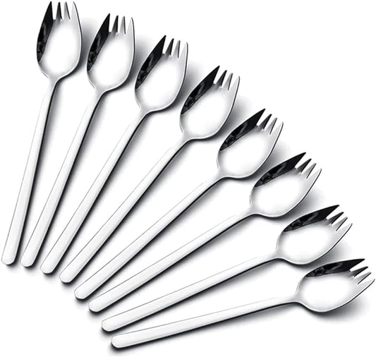 IQCWOOD Sporks Stainless Steel, Salad Forks, 8 Pack 18/10 Stainless Steel Spork, 7.4 Inches Long Handle Dessert Spoons, Ice Cream Spoons Fork Reusable Fruit Appetizer Dessert Forks for Household Use