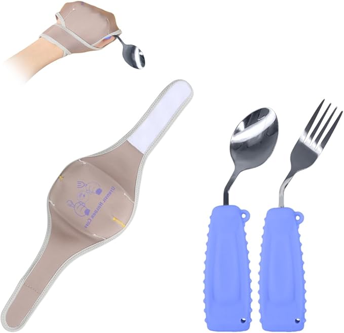 Adaptive Utensils with Universal Elastic Utensil Holder Cuff Set,Eating Utensils Easy Grip for Hand Tremors,Parkinsons or Disabled (Purple, Left Fork and Spoon and a Universal Cuff Set)