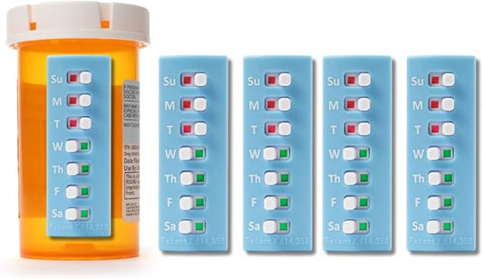 TAKE-N-SLIDE Peel and Stick Reusable for 12 + Refills, Pill/Medication/Vitamin/Pet Med Tracker & Reminder, Attach to Your Bottle, Organizer-Free, Curved‑Back (Blue, 5-Pack)