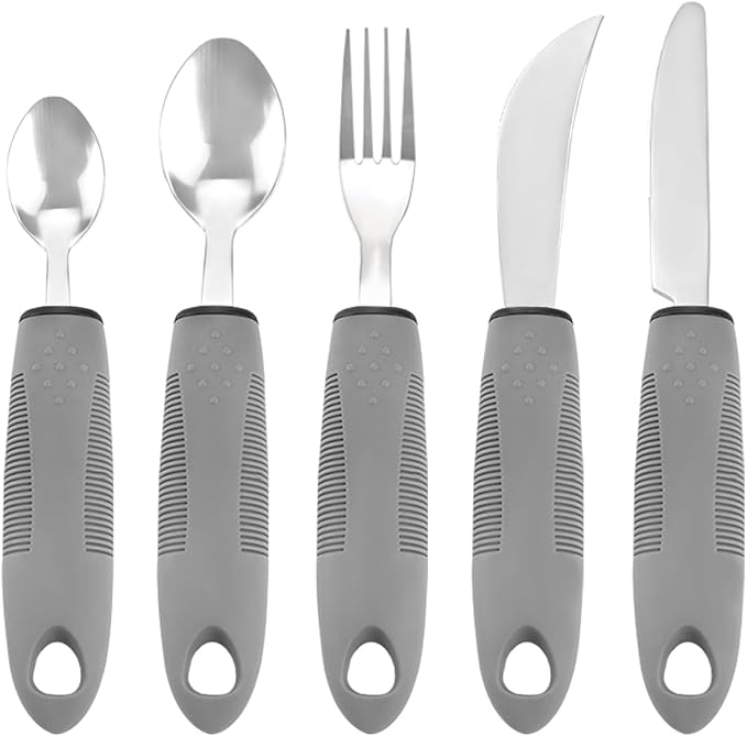 Adaptive Utensil Set - 5Pcs Arthritis Aid Silverware for Parkinson’s and Hand Tremors - Heavy Stainless Steel Spoon with Easy Grip Handle for Shaking Hands