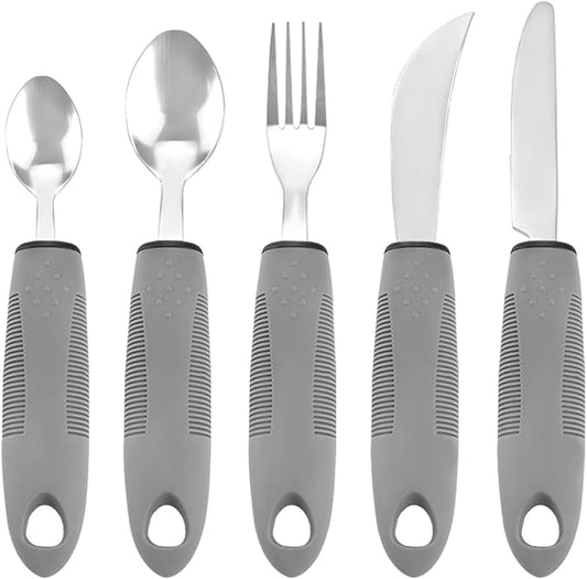 Adaptive Utensil Set - 5Pcs Arthritis Aid Silverware for Parkinson’s and Hand Tremors - Heavy Stainless Steel Spoon with Easy Grip Handle for Shaking Hands