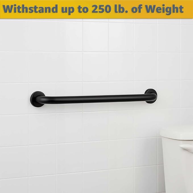 24" Matte Black Grab Bar for Bathroom, Shower, Toilet - Stainless Steel Safety Handle for Elderly - Wall Mount Restroom Support Rail - Commercial or Home Use - 250 lb Capacity