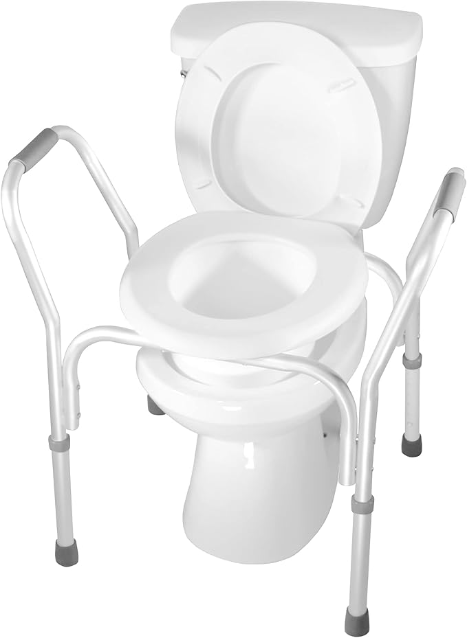 PCP Raised Toilet Seat and Safety Frame (Two-in-One), Wide Arms Rests, Adjustable Rise Height, Secure Elevated Lift Over Bowl, Made in USA, Wide Arms