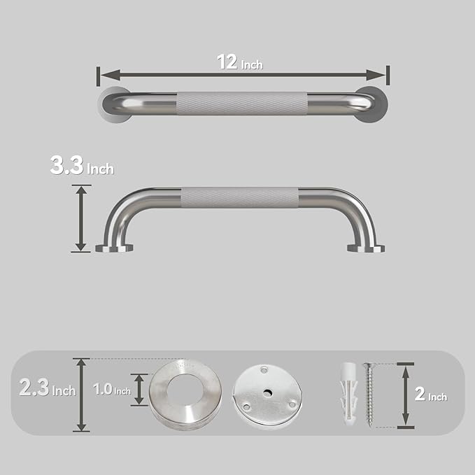 12 Inch Shower Grab Bar, Brushed Nickel Anti-Slip Bathroom Grab Bar with Knurled Grip, Stainless Steel Safety Handrail for Toilet Bathtub, Shower Handle Handicap Bars for Senior,Elderly,Pregnant