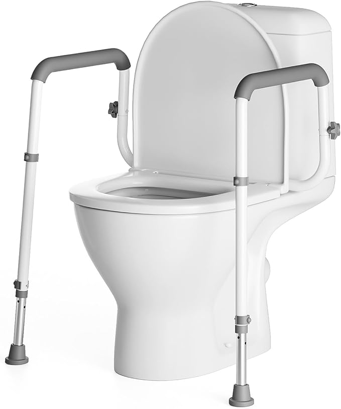 Loyoda Heavy-Duty Steel Toilet Safety Rail - Securely Bolts to Toilet Seat Holes, Adjustable Height & Width, Non-Slip Feet & Soft Foam Grip, Supports 350 lbs for Elderly & Mobility Assistance