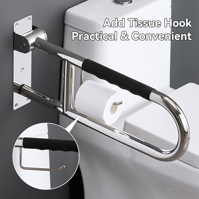 Toilet Grab Bar 31 Inch, BVTOURA Flip-Up Safety Rail with Soft Silicone Anti-Slip Finger-Grip Handle and Paper Holder, Stainless Steel U-Shaped Support Bar for Elderly Disabled, Brushed Nickel