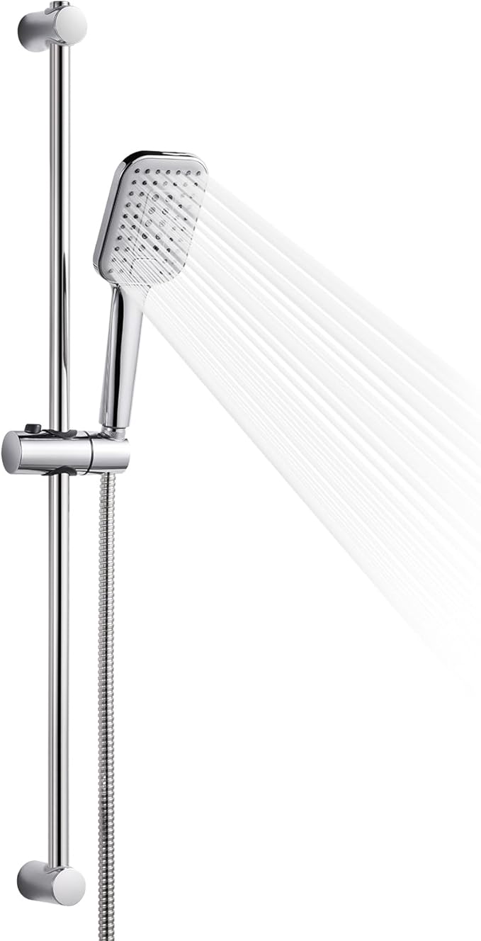 OFFO Shower Slide Bar Combo, Adjustable 31 in Slide Bar with 3-Mode Square Handheld Shower Head and 60 in Stainless Steel Hose, Screw Wall Mounted, Chrome Finish