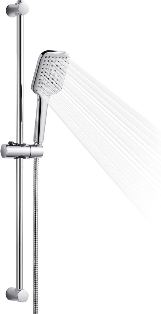 OFFO Shower Slide Bar Combo, Adjustable 31 in Slide Bar with 3-Mode Square Handheld Shower Head and 60 in Stainless Steel Hose, Screw Wall Mounted, Chrome Finish