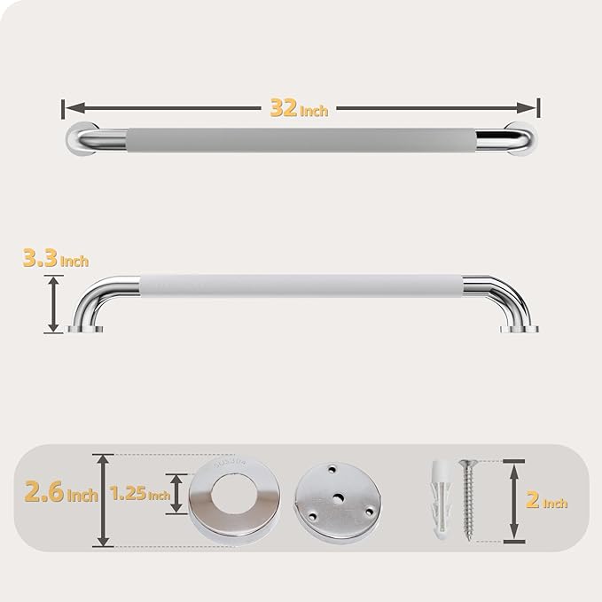 Shower Grab Bar, 32 Inch Bathroom Grab Bar Handle with Anti-Slip Knurled Grip, Stainless Steel Bath Balance Bar, 1.25" Diameter Bath Safety Bar Support for Seniors Pregnant, Polished Chrome-2Pcs