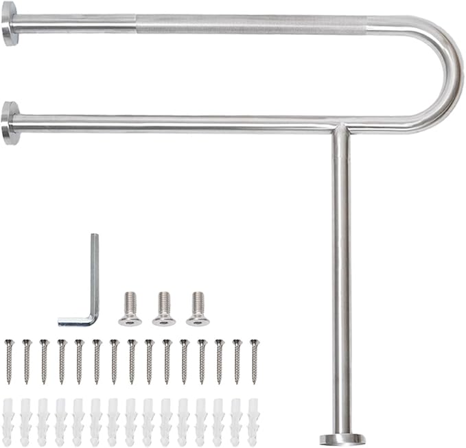 Toilet Grab Bar with Leg, Floor Mounted Knurled Safety Rail, Heavy Duty Brushed Nickel Stainless Steel Support Handle, Bathroom Stand Assist, Non-Slip Mobility Aid for Elderly, Disabled, 31 Inch