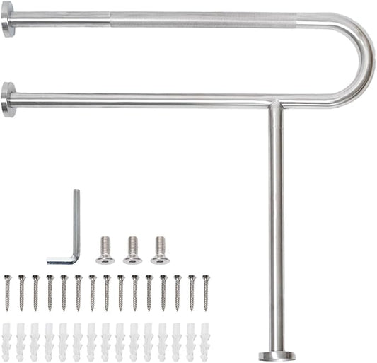 Toilet Grab Bar with Leg, Floor Mounted Knurled Safety Rail, Heavy Duty Brushed Nickel Stainless Steel Support Handle, Bathroom Stand Assist, Non-Slip Mobility Aid for Elderly, Disabled, 31 Inch