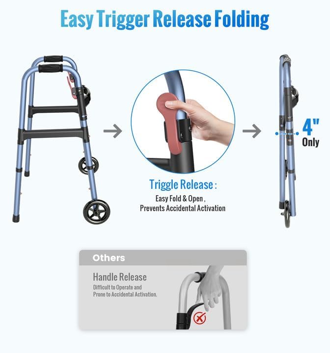 HOMLAND Walkers for Seniors, One-Hand Folding, 8 Height Adjustments, Walkers with Wheels, 2 Skis and 5" Wheels, Lightweight Walker for Seniors, Standard Walkers for Seniors, Aluminum Frame, Blue